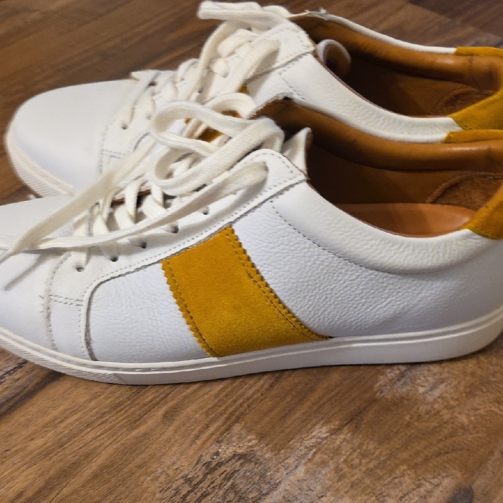 Allen Edmonds White Leather Sneakers with Mustard Accents - Picture 4 of 9